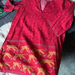 Gudrun Sjöden Red Midi Dress with Gold Animal Border